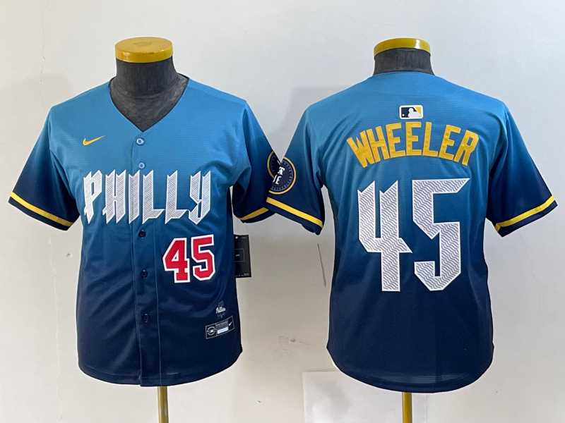 Youth Philadelphia Phillies #45 Zack Wheeler Blue 2024 City Player Number Cool Base Stitched Jerseys->mlb youth jerseys->MLB Jersey